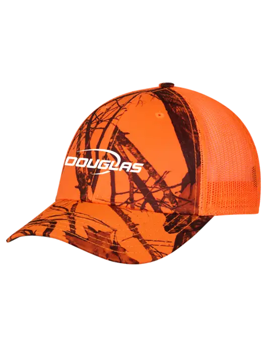 Blaze/Neon Orange Mossy Oak Camo Mesh Trucker Cap Snap Back w/Douglas Machine Logo