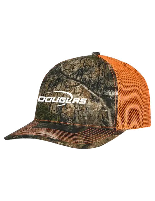 Mossy Oak Country DNA Camo/Orange Mesh Trucker Cap Snap Back w/Douglas Machine Logo