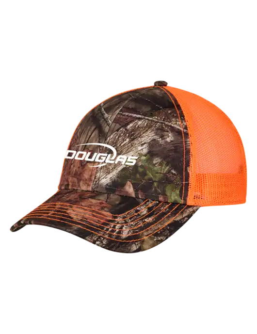 Country Orange Mossy Oak Camo Mesh Trucker Cap Snap Back w/Douglas Machine Logo