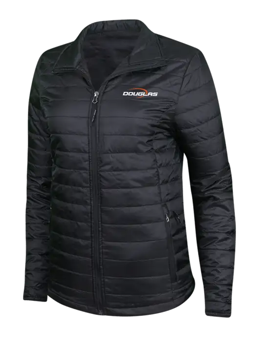 Womens Black Puffy Packable Jacket w/Douglas Machine Logo