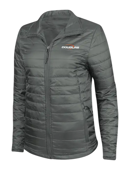 Dark Grey Womens Puffy Packable Jacket w/Douglas Machine Logo