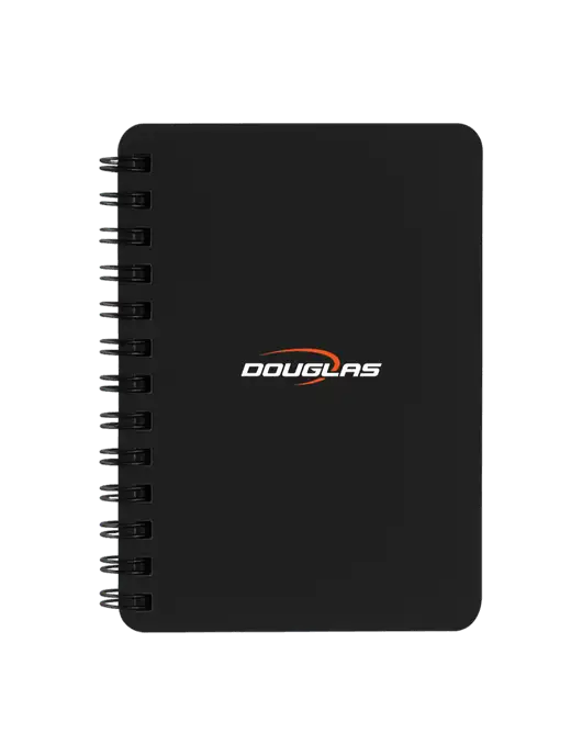 Sturdy Black Hardcover Notebook, 5.25 x 7 w/Douglas Machine Logo