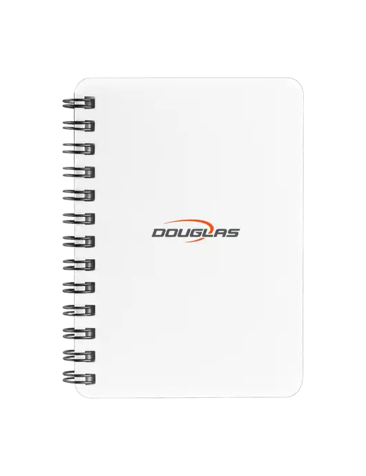 Sturdy White Hardcover Notebook, 5.25 x 7 w/Douglas Machine Logo