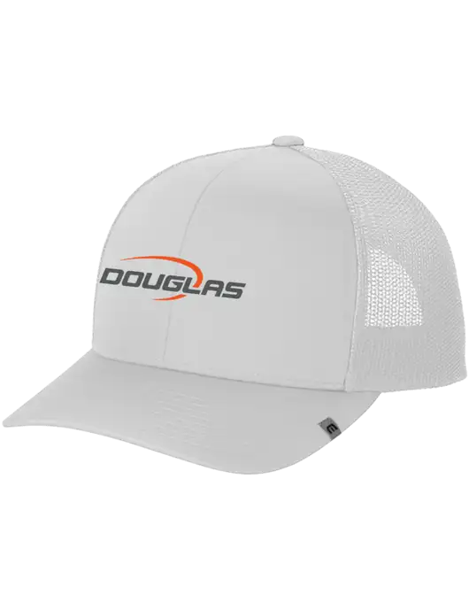 TravisMathew White Cruz Trucker Cap w/Douglas Machine Logo