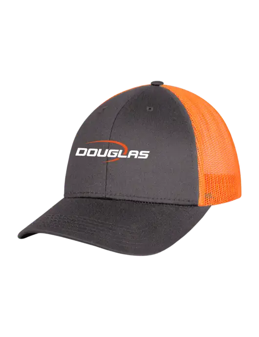 Neon Orange/Charcoal Mesh Trucker Cap Snap Back w/Douglas Machine Logo