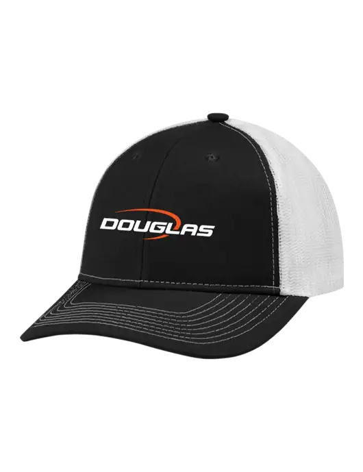 Snapback Ponytail Trucker Cap Black w/White Mesh w/Douglas Machine Logo