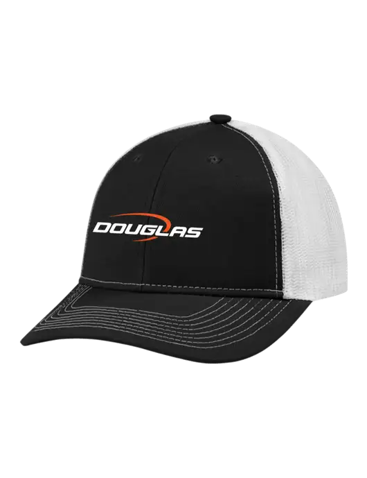 Snapback Ponytail Trucker Cap Black w/White Mesh w/Douglas Machine Logo