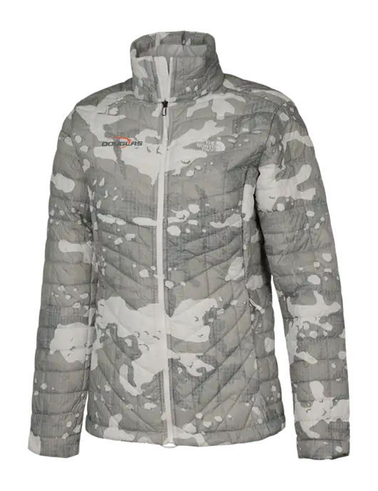 North Face Womens White/Grey Print Medium Grey ThermoBall Trekker Jacket w/Douglas Machine Logo