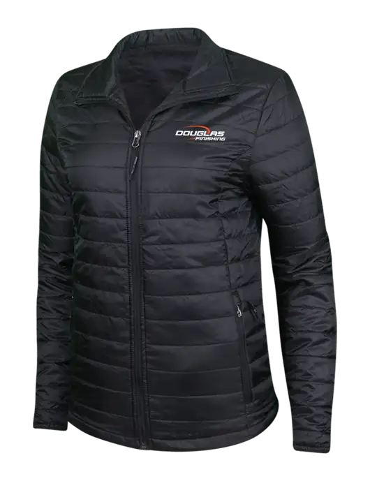 Womens Black Puffy Packable Jacket w/Douglas Finishing Logo